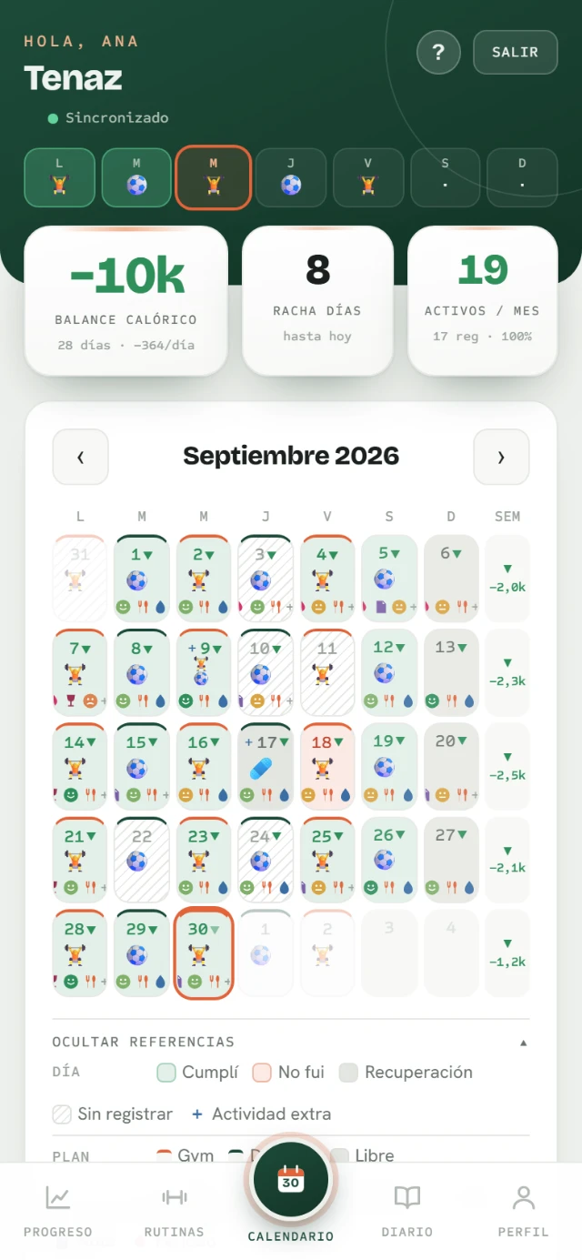 El calendario de Tenaz con el mes registrado día por día