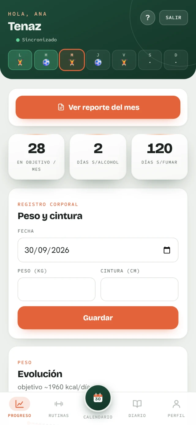 Pantalla de progreso con peso, calorías y hábitos